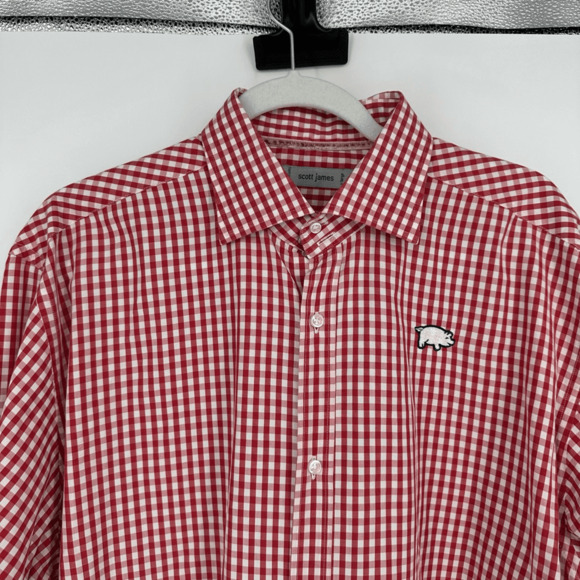 Scott James Mens Button Up Shirt Size XL Checkered Pig Patch Red White Preppy - Picture 5 of 11